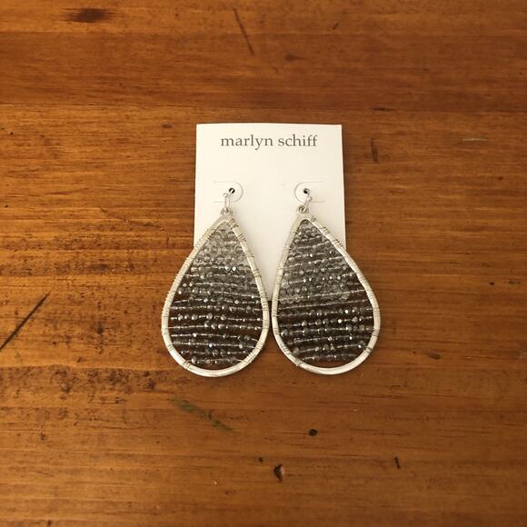 Marlyn Schiff Silver Teardrop Black Druzy Beads Dangle Drop Earrings Hook NWOT - Picture 2 of 10